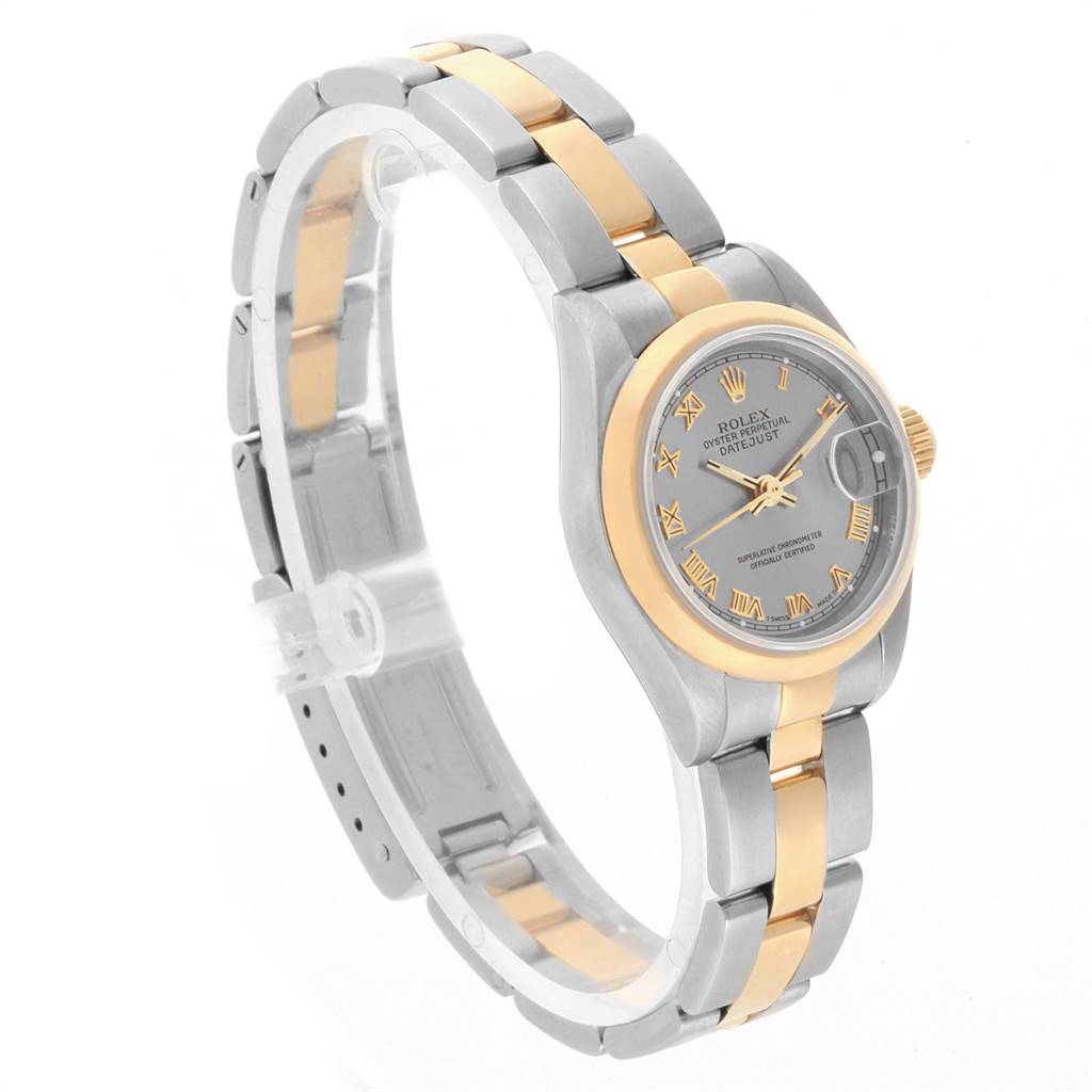This image shows a Rolex Datejust 69163 Women's Steel and Gold (two tone) Grey Dial 69163 Women's Steel and Gold (two tone) Grey Dial watch at a three-quarter angle, highlighting its two-tone bracelet and grey dial with gold Roman numerals.
