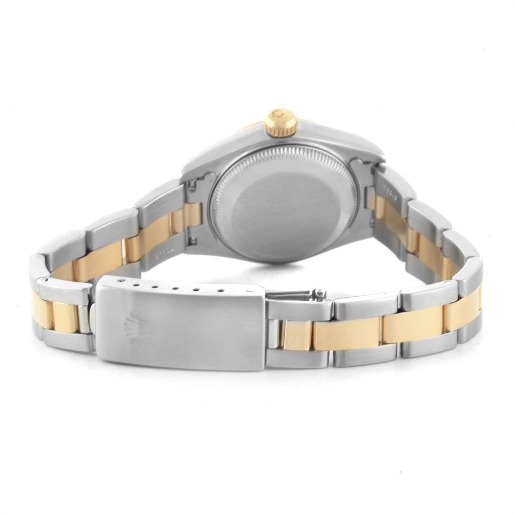 The image shows the back side and the clasp of a Rolex Datejust 69163 Women's Steel and Gold (two tone) Grey Dial 69163 Women's Steel and Gold (two tone) Grey Dial watch, highlighting its two-tone bracelet.
