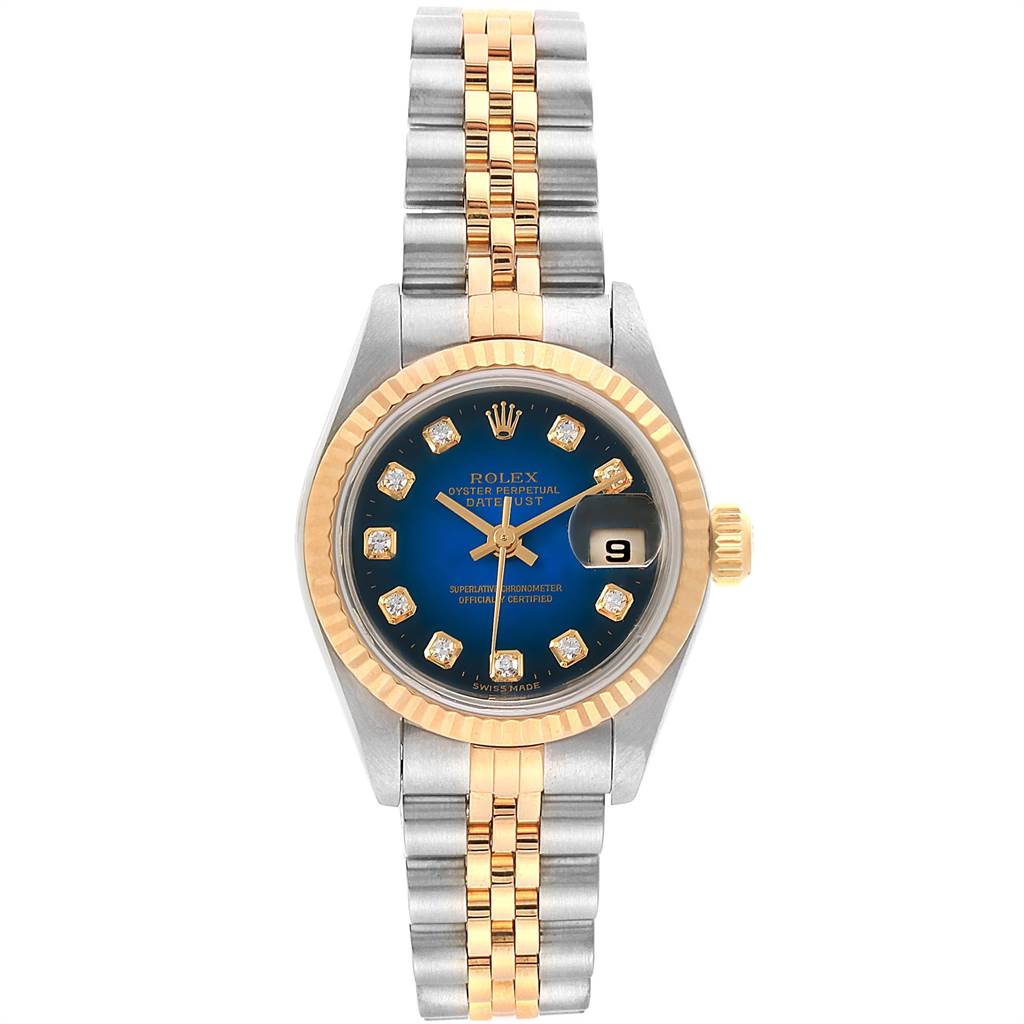 This image shows a front view of a Rolex Datejust 69173 Women's Steel and Gold (two tone) Blue Dial 69173 Women's Steel and Gold (two tone) Blue Dial watch featuring a two-tone bracelet and a blue dial with a date display.