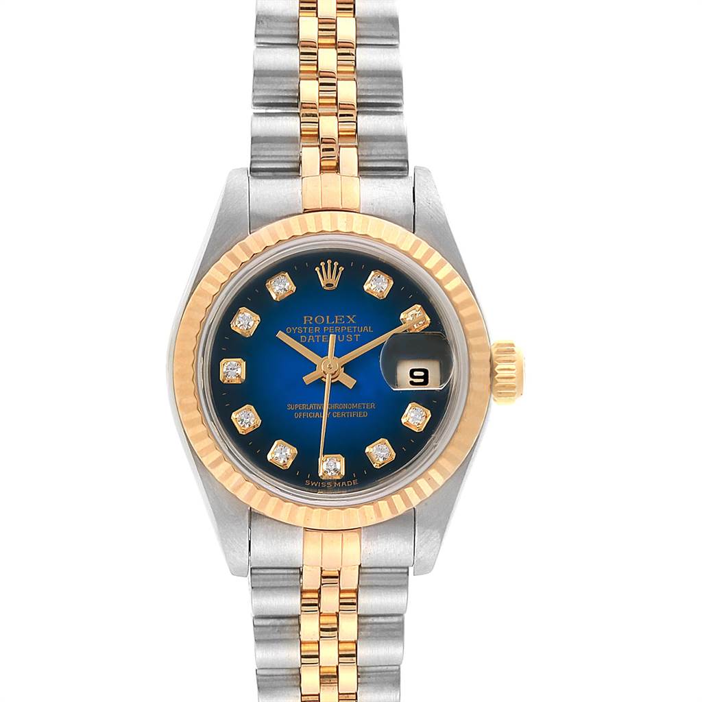 The Rolex Datejust 69173 Women's Steel and Gold (two tone) Blue Dial 69173 Women's Steel and Gold (two tone) Blue Dial watch is shown from a top-down angle, displaying the face, bezel, crown, and bracelet clearly.