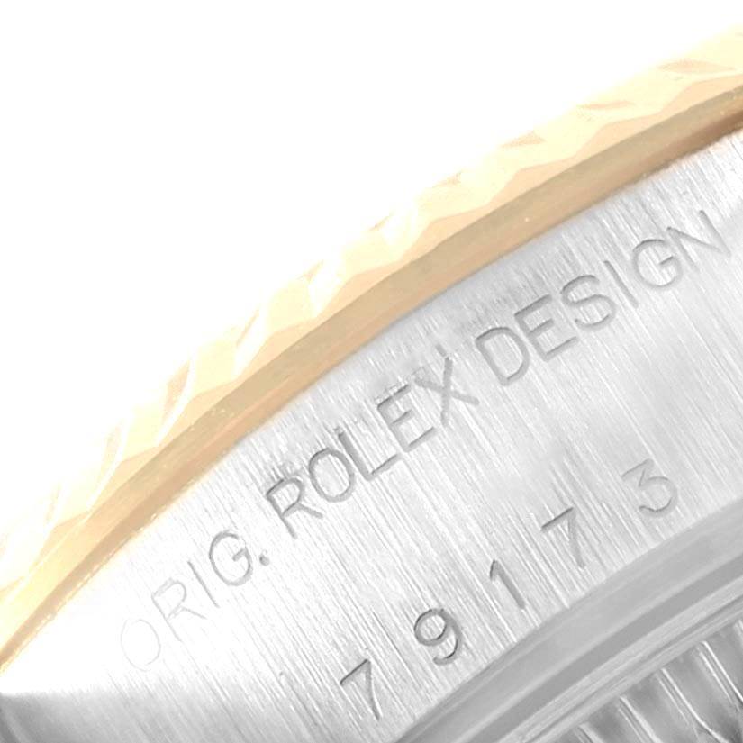 The image shows a close-up angle of the case side and part of the bezel of a Rolex Datejust 79173 Women's Stainless Steel Mother of Pearl Dial 79173 Women's Stainless Steel Mother of Pearl Dial watch.