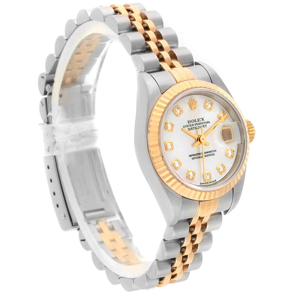 This image shows a Rolex Datejust 79173 Women's Stainless Steel Mother of Pearl Dial 79173 Women's Stainless Steel Mother of Pearl Dial watch angled to display its face, bezel, and two-tone bracelet.