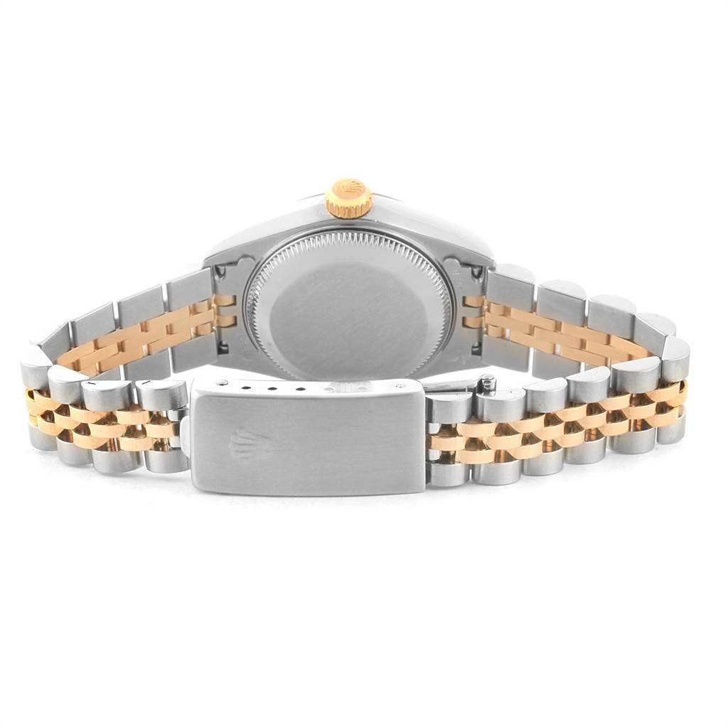 The image shows the backside and bracelet of a Rolex Datejust 79173 Women's Stainless Steel Mother of Pearl Dial 79173 Women's Stainless Steel Mother of Pearl Dial watch, highlighting its clasp and case back.