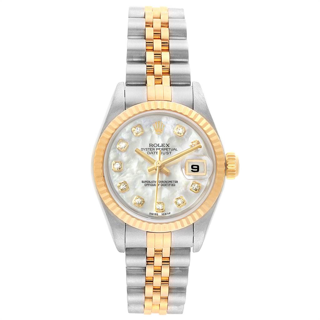 The Rolex Datejust 79173 Women's Stainless Steel Mother of Pearl Dial 79173 Women's Stainless Steel Mother of Pearl Dial watch is shown from a top-down angle, highlighting its face, dial, bezel, and bracelet.