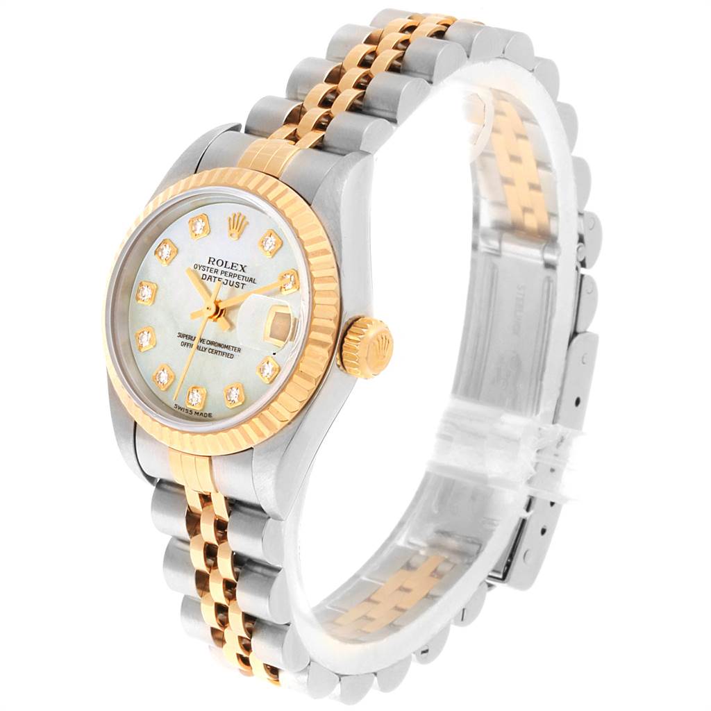 The image shows a Rolex Datejust 79173 Women's Stainless Steel Mother of Pearl Dial 79173 Women's Stainless Steel Mother of Pearl Dial watch at a three-quarter angle, highlighting its dial, bezel, crown, and bracelet.