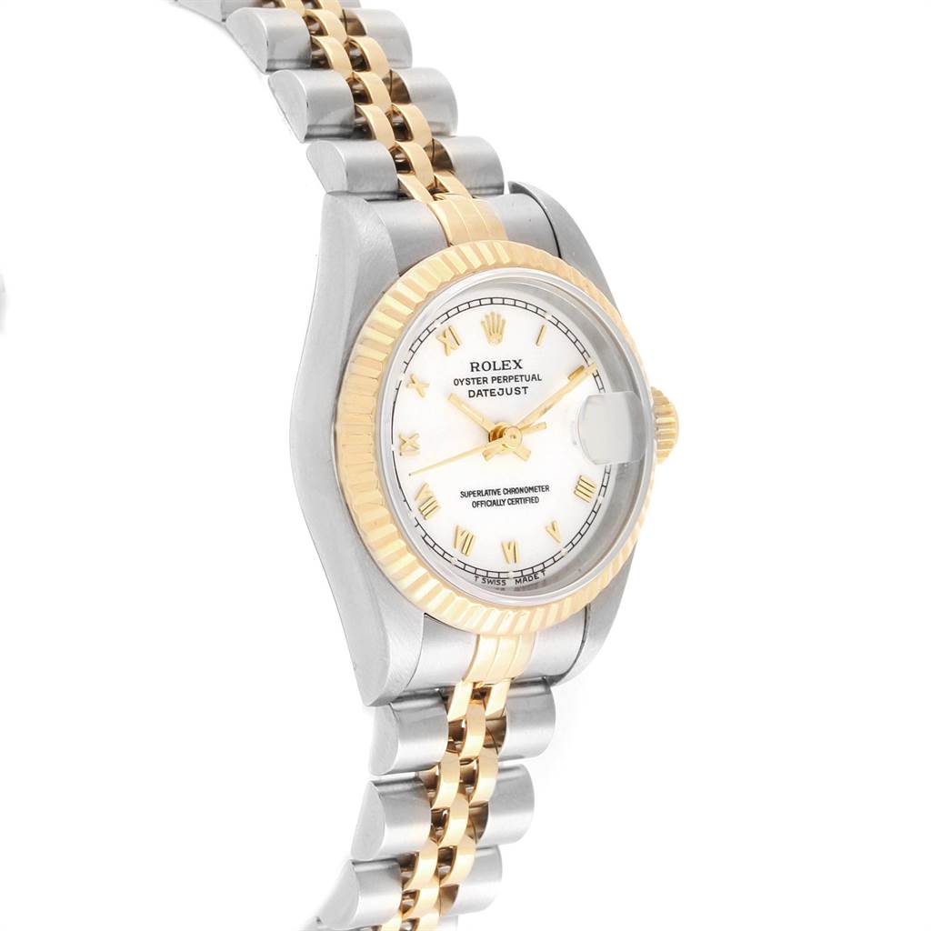 The image shows a Rolex Datejust 69173 Women's Stainless Steel White Dial 69173 Women's Stainless Steel White Dial watch at a slight angle, displaying its face, bezel, and part of its two-tone bracelet.