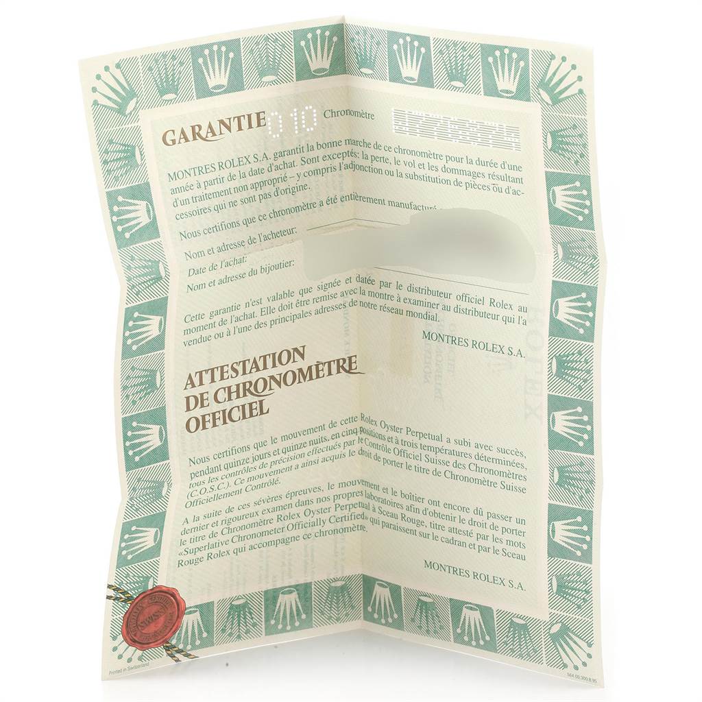 The image shows an official certificate of chronometer for a Rolex Datejust 69173 Women's Stainless Steel White Dial 69173 Women's Stainless Steel White Dial watch.