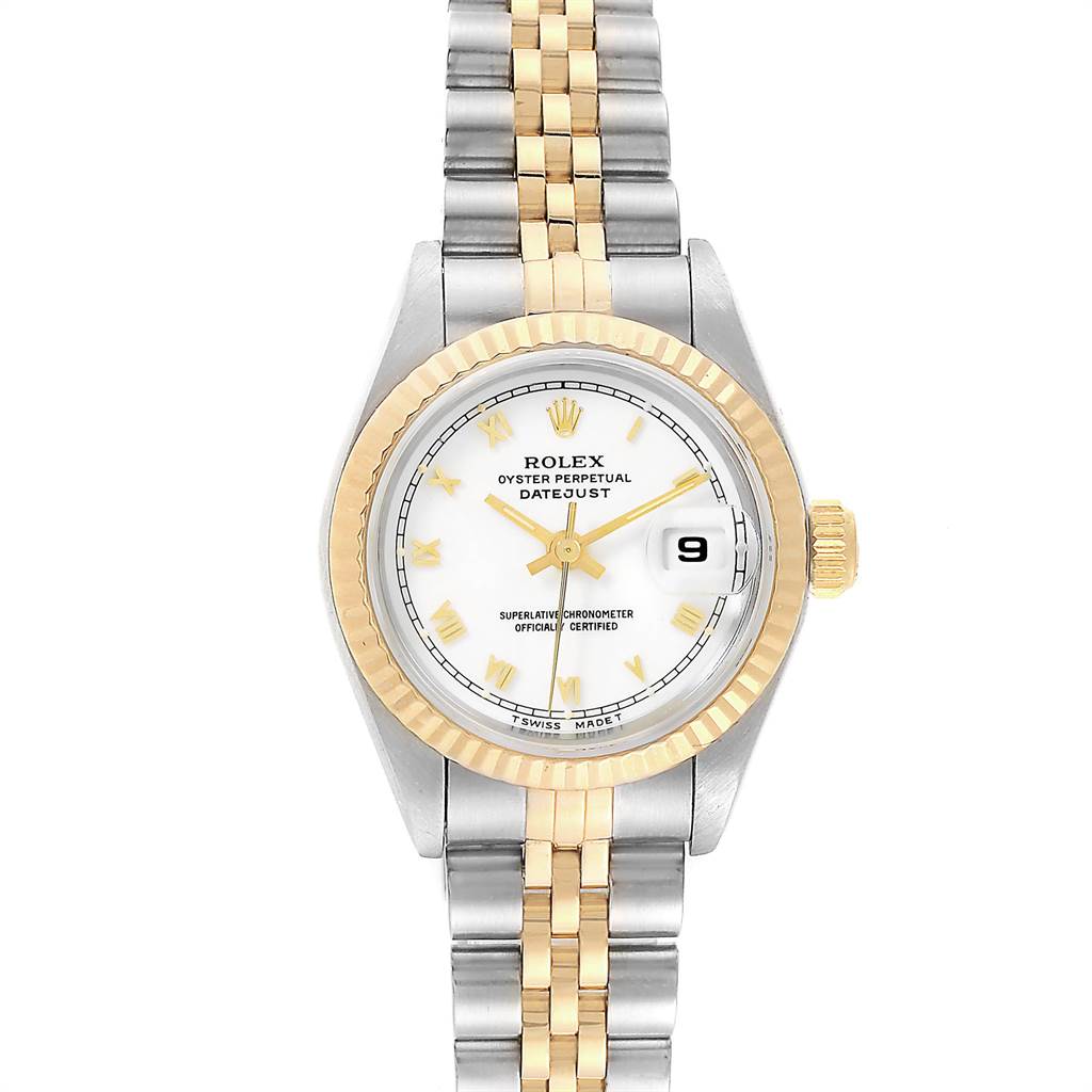 This image shows a Rolex Datejust 69173 Women's Stainless Steel White Dial 69173 Women's Stainless Steel White Dial watch from a top-down angle, highlighting the face, bezel, and two-tone bracelet.