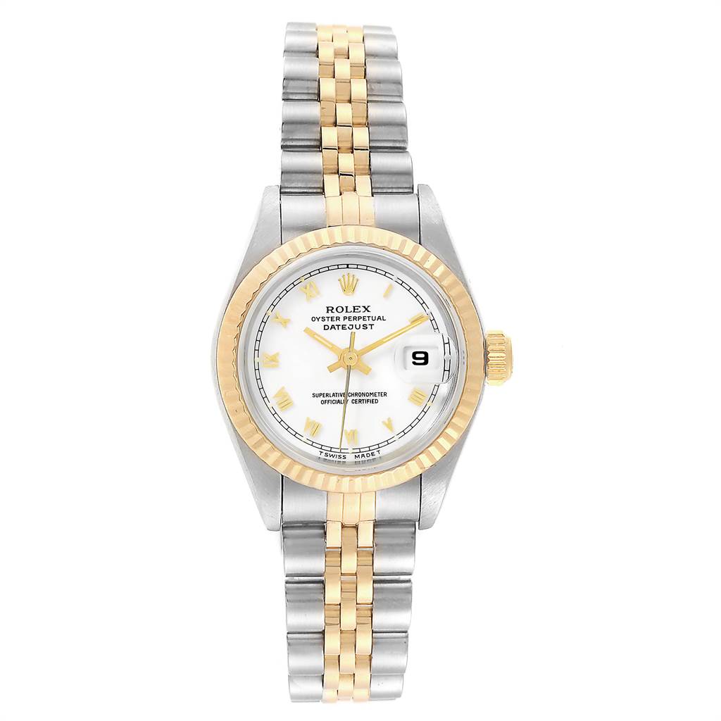 The image shows a front view of a Rolex Datejust 69173 Women's Stainless Steel White Dial 69173 Women's Stainless Steel White Dial watch, displaying its dial, bezel, bracelet, and date window.