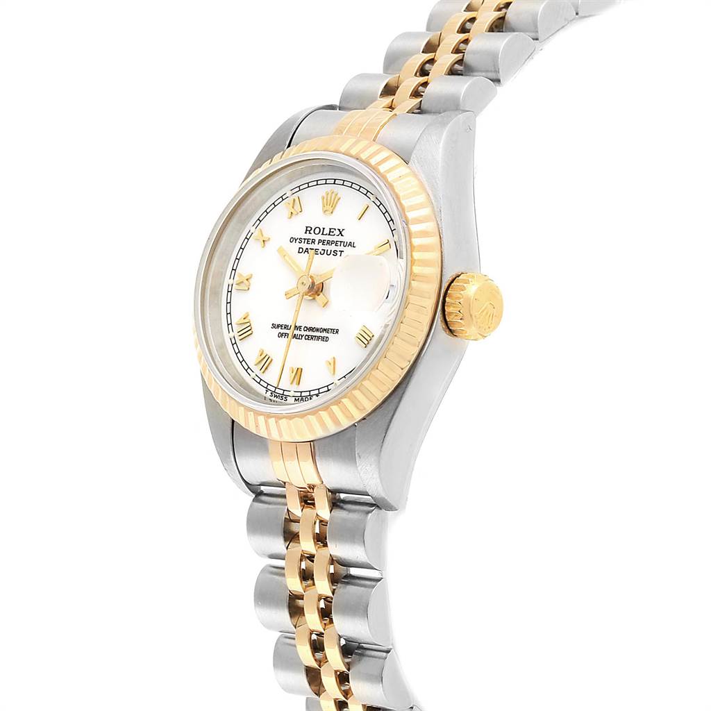 The image shows a side angle of a Rolex Datejust 69173 Women's Stainless Steel White Dial 69173 Women's Stainless Steel White Dial watch, highlighting its face, bezel, crown, and bracelet.