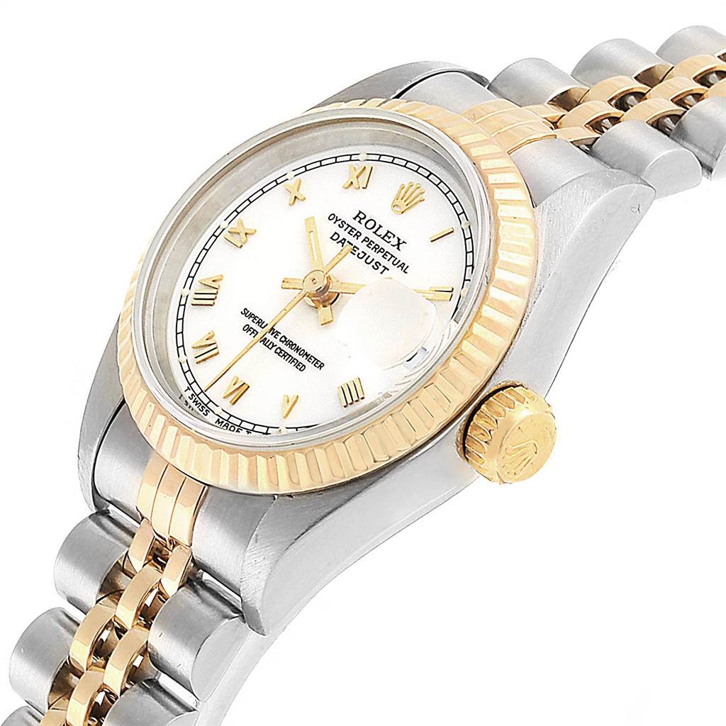 This image shows a side angle of the Rolex Datejust 69173 Women's Stainless Steel White Dial 69173 Women's Stainless Steel White Dial, highlighting its bezel, dial, crown, and the Jubilee bracelet.