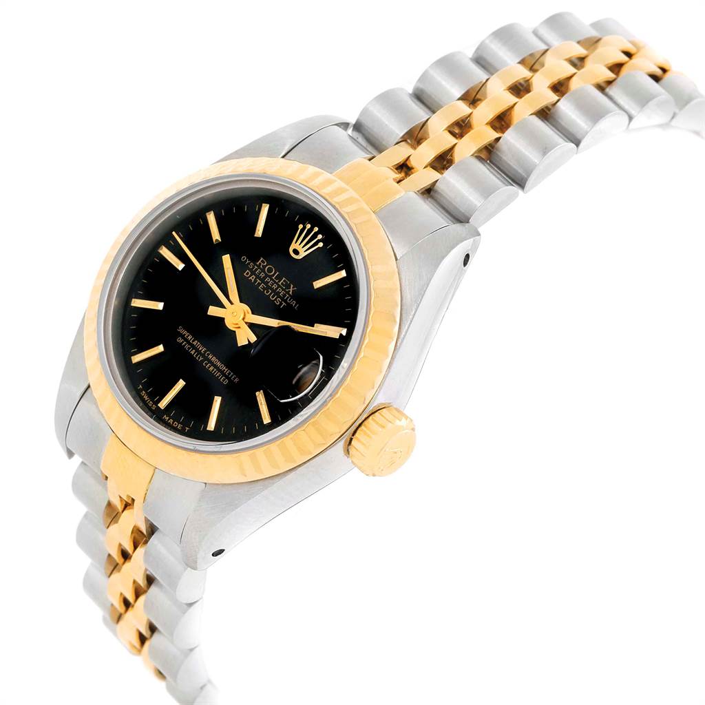 This image shows a Rolex Datejust 69173 Women's Stainless Steel Black Dial 69173 Women's Stainless Steel Black Dial watch at a slight angle, highlighting the black dial, gold bezel, crown, and two-tone bracelet.