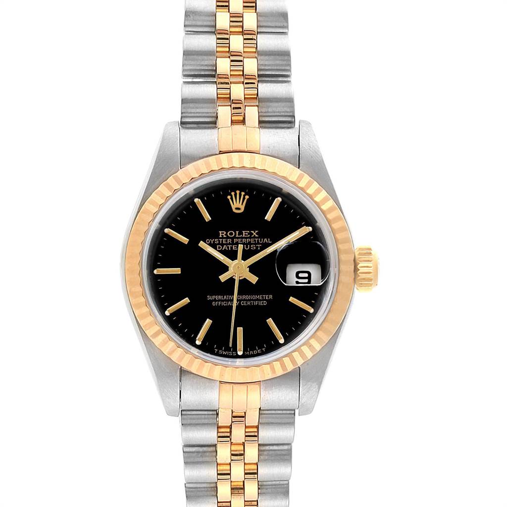 The image shows a frontal view of a Rolex Datejust 69173 Women's Stainless Steel Black Dial 69173 Women's Stainless Steel Black Dial watch, highlighting the dial, bezel, bracelet, and date window.