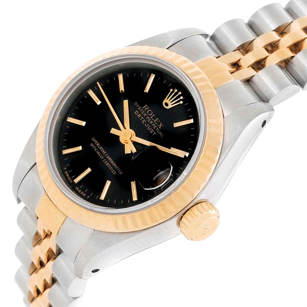 The image shows a Rolex Datejust 69173 Women's Stainless Steel Black Dial 69173 Women's Stainless Steel Black Dial watch from an oblique angle, highlighting the dial, crown, bezel, and part of the bracelet.