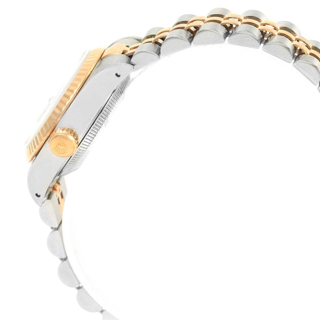 This image shows a side view of the Rolex Datejust 69173 Women's Stainless Steel Black Dial 69173 Women's Stainless Steel Black Dial watch, highlighting the crown and part of the bracelet.