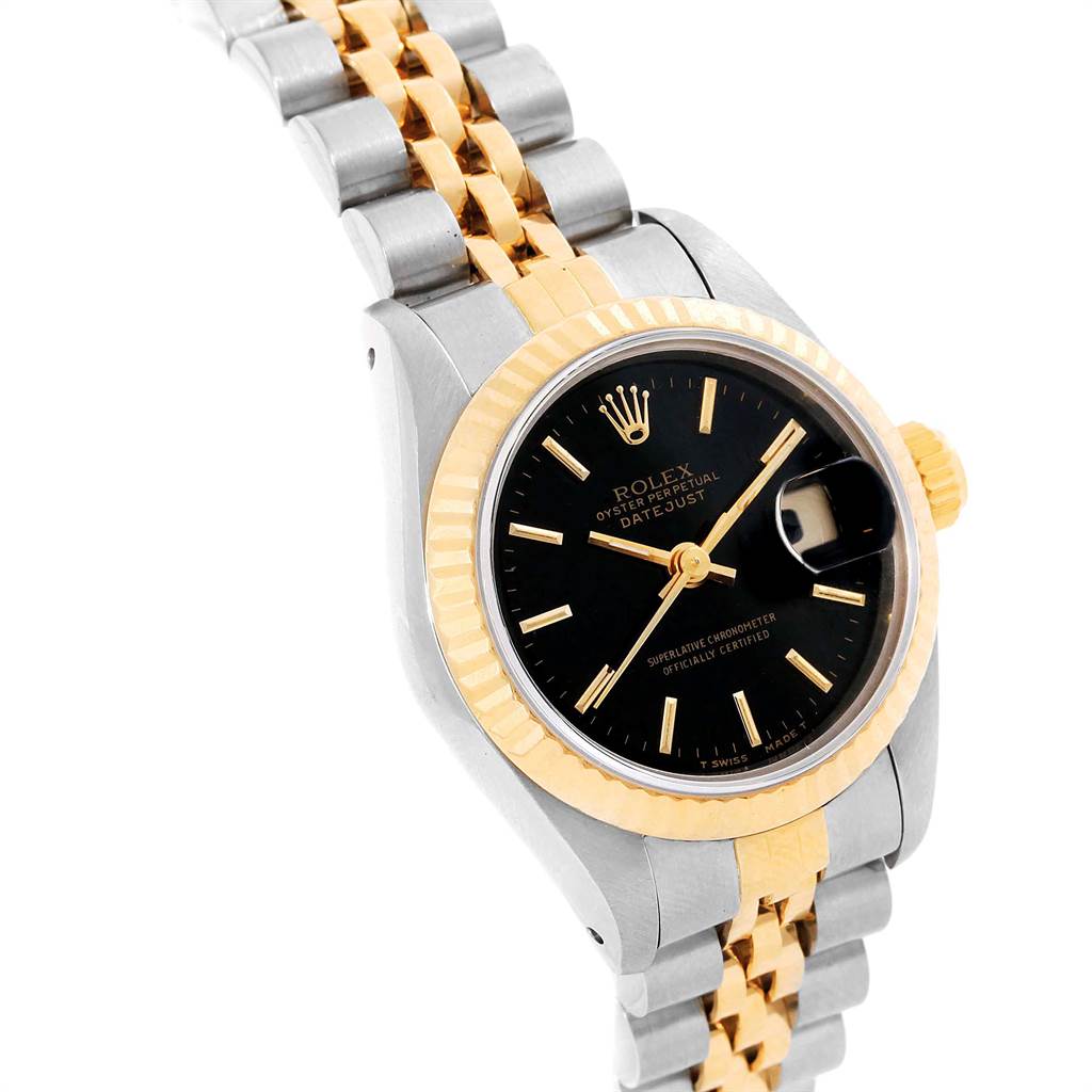 The image shows a close-up angle of the Rolex Datejust 69173 Women's Stainless Steel Black Dial 69173 Women's Stainless Steel Black Dial watch, highlighting its two-tone bracelet, black dial, and date magnifier.