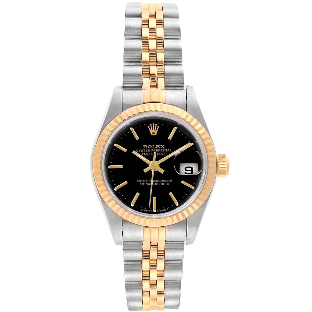 The image shows a Rolex Datejust 69173 Women's Stainless Steel Black Dial 69173 Women's Stainless Steel Black Dial watch from the front, featuring its dial, bezel, crown, and jubilee bracelet.
