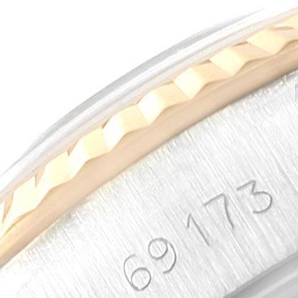 This close-up image shows the side view of the bezel and casing of a Rolex Datejust 69173 Women's Stainless Steel Black Dial 69173 Women's Stainless Steel Black Dial watch, highlighting the model number "69173."