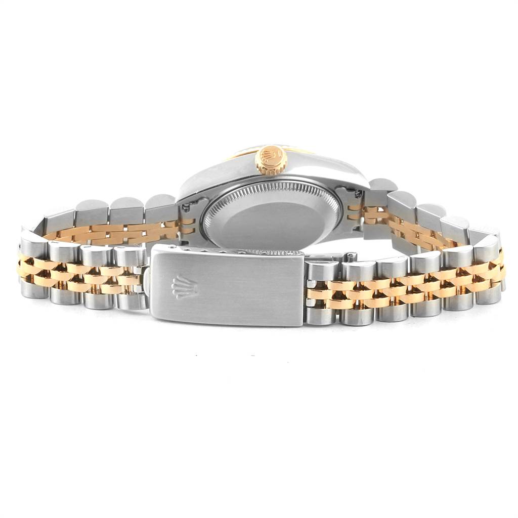 The image shows the back view of a Rolex Datejust 69173 Women's Stainless Steel Blue Dial 69173 Women's Stainless Steel Blue Dial watch, including the case back, bracelet, and clasp.