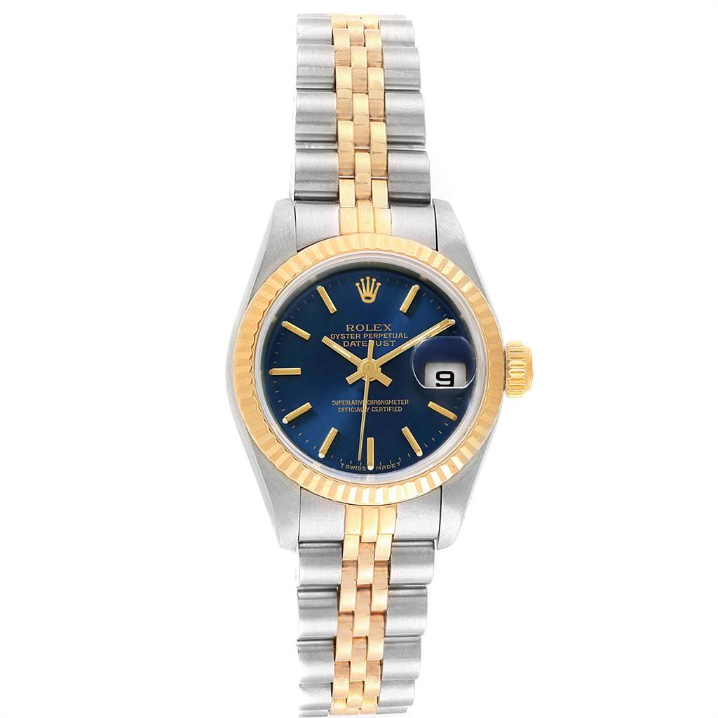 The image shows a front view of a Rolex Datejust 69173 Women's Stainless Steel Blue Dial 69173 Women's Stainless Steel Blue Dial watch, exhibiting the dial, bezel, crown, and bracelet.
