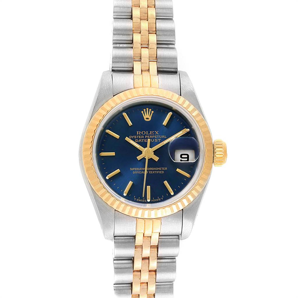 This image shows a front view of a Rolex Datejust 69173 Women's Stainless Steel Blue Dial 69173 Women's Stainless Steel Blue Dial watch, highlighting the dial, bezel, and bracelet.