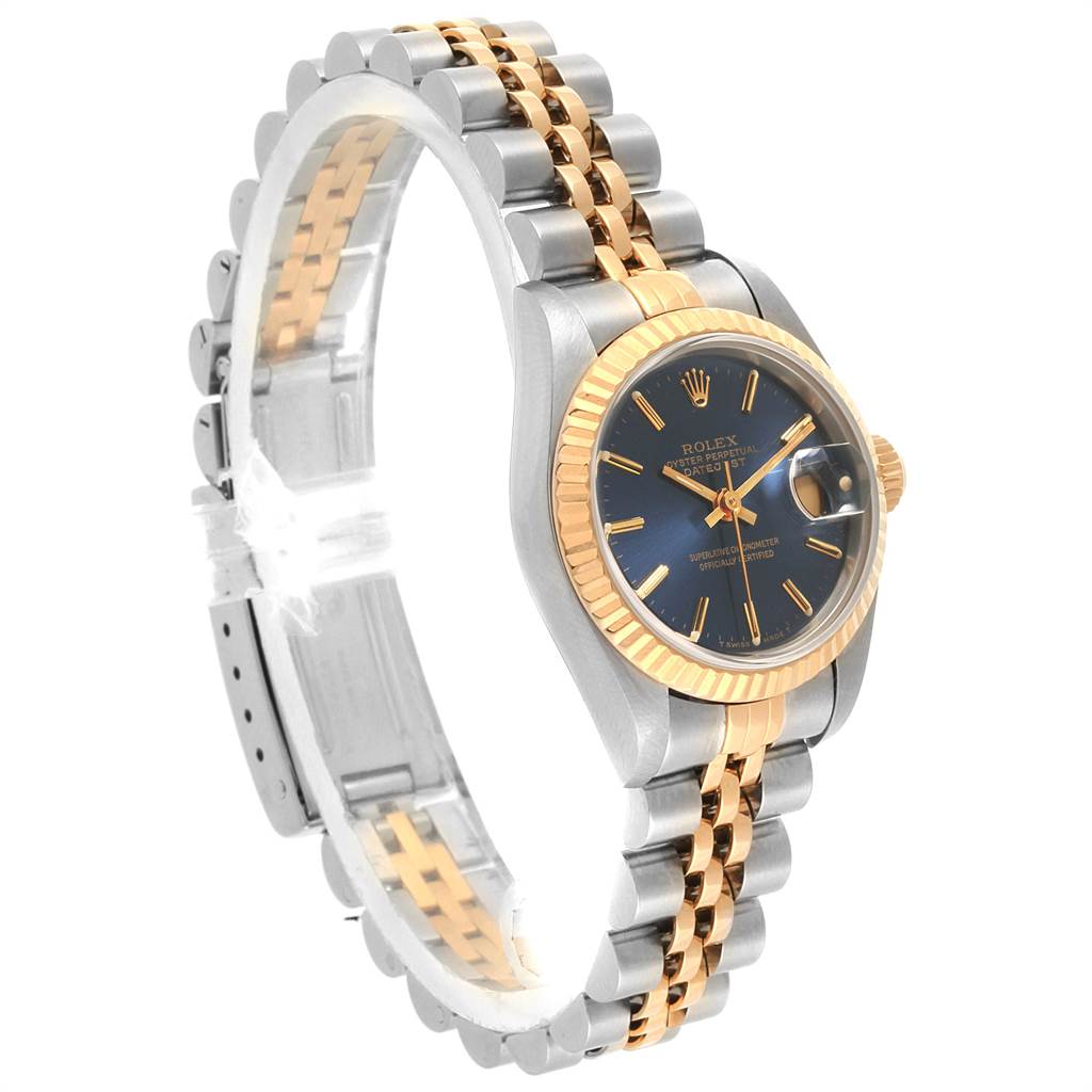 The image shows a Rolex Datejust 69173 Women's Stainless Steel Blue Dial 69173 Women's Stainless Steel Blue Dial watch at an angle, highlighting its dial, bezel, and Jubilee bracelet.