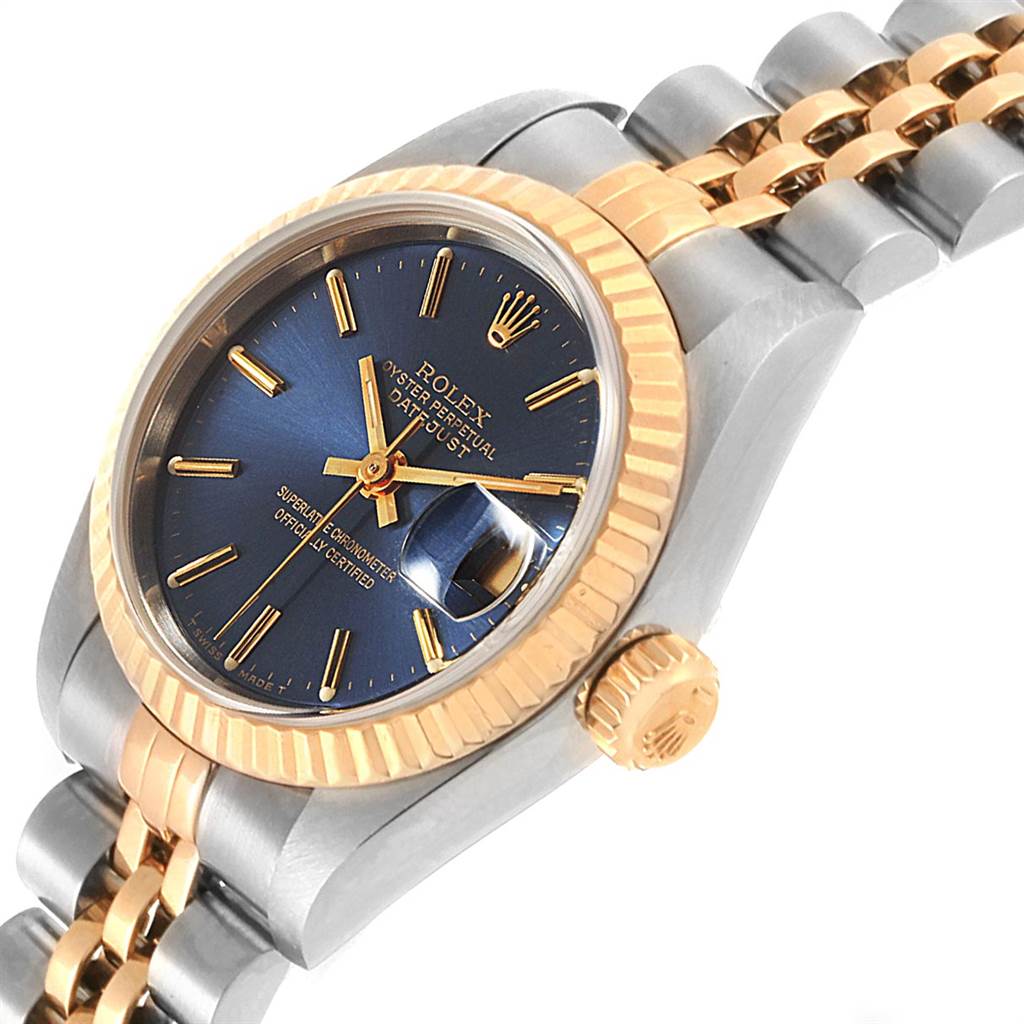 This image shows a Rolex Datejust 69173 Women's Stainless Steel Blue Dial 69173 Women's Stainless Steel Blue Dial watch at an angle highlighting its blue dial, fluted bezel, and two-tone metal bracelet.