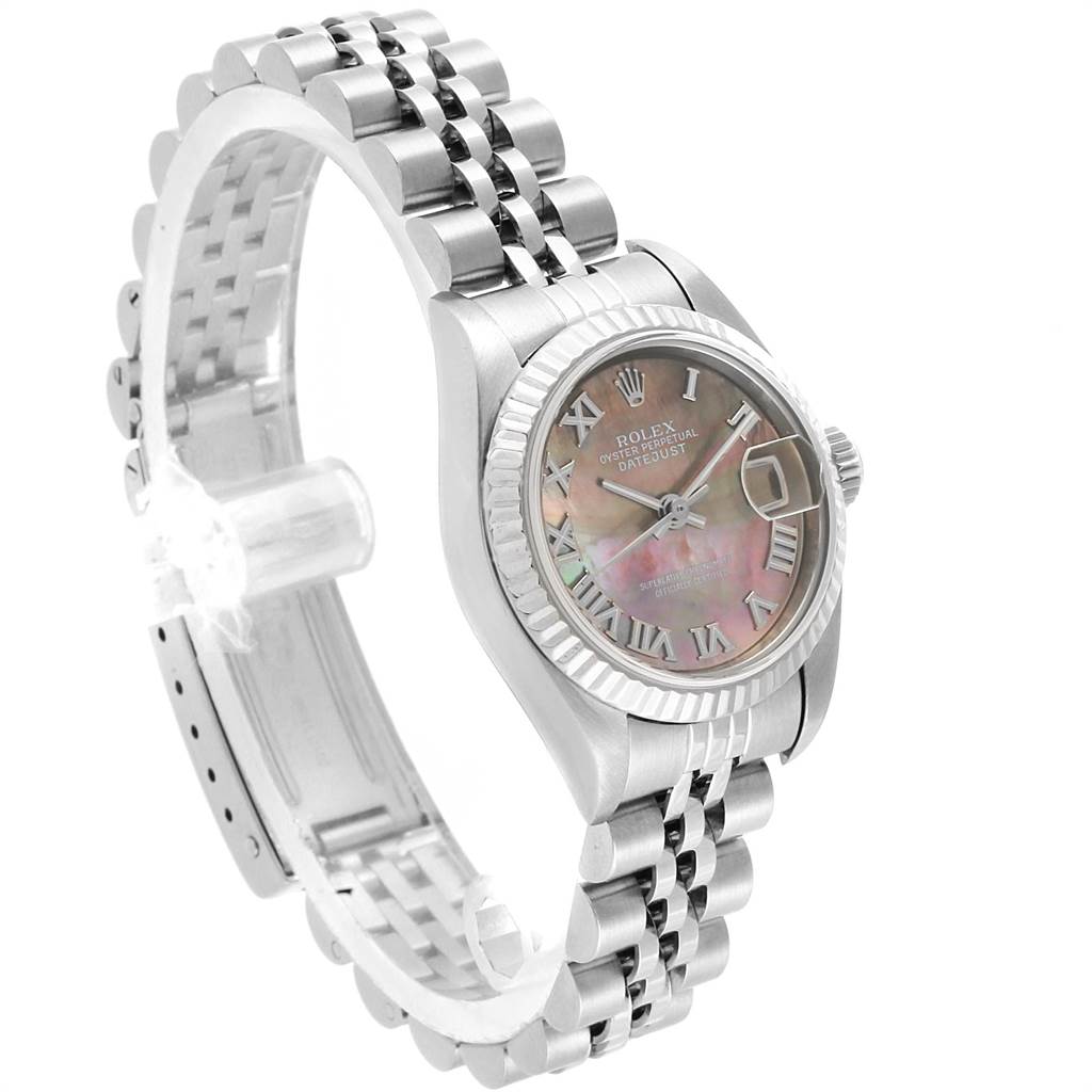 This image shows a Rolex Datejust 79174 Women's Stainless Steel Mother of Pearl Dial 79174 Women's Stainless Steel Mother of Pearl Dial watch at a three-quarter angle, displaying its dial, bezel, and Jubilee bracelet.