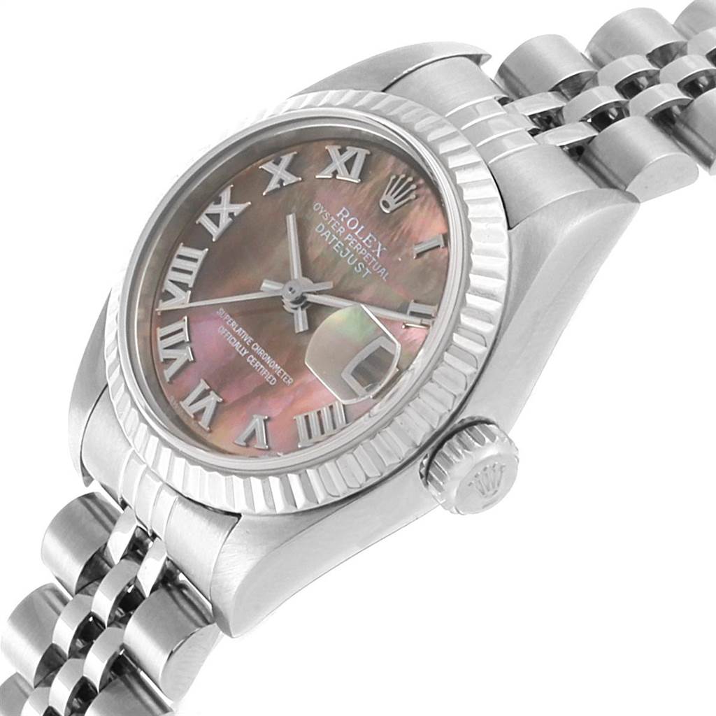 The image shows a Rolex Datejust 79174 Women's Stainless Steel Mother of Pearl Dial 79174 Women's Stainless Steel Mother of Pearl Dial watch at an angle, highlighting the dial, bezel, crown, and part of the bracelet.