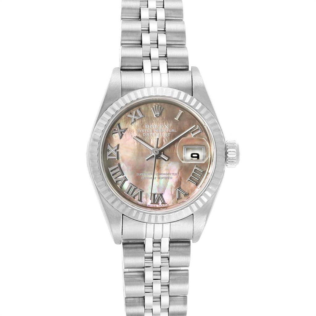 The Rolex Datejust 79174 Women's Stainless Steel Mother of Pearl Dial 79174 Women's Stainless Steel Mother of Pearl Dial watch is shown from a front angle, highlighting the face, bezel, crown, and bracelet.