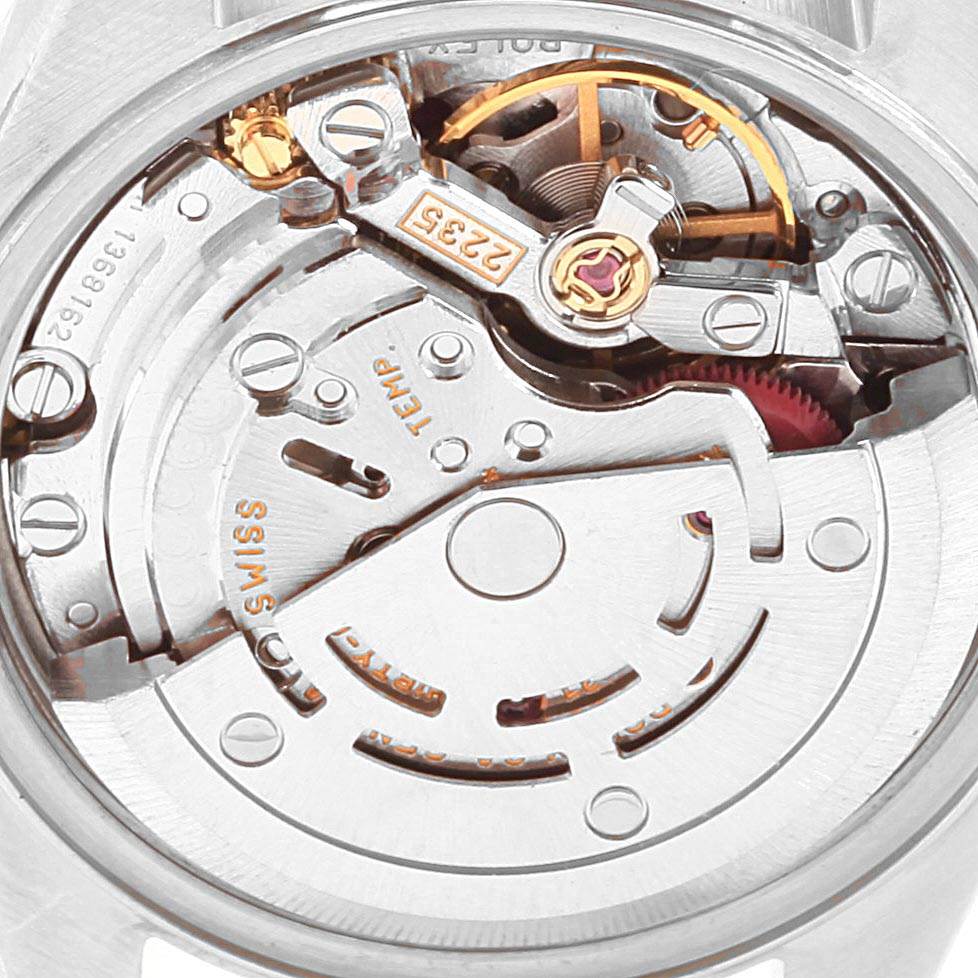 This image shows the intricate internal mechanism of the Rolex Datejust 79174 Women's Stainless Steel Mother of Pearl Dial 79174 Women's Stainless Steel Mother of Pearl Dial watch from a close-up angle.