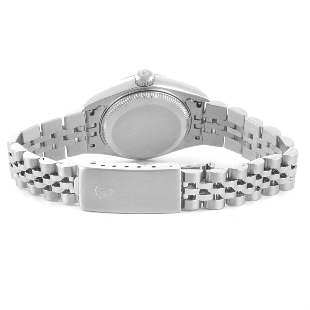 This image shows the back case, crown, and bracelet clasp of a Rolex Datejust 79174 Women's Stainless Steel Mother of Pearl Dial 79174 Women's Stainless Steel Mother of Pearl Dial watch, viewed from the rear.