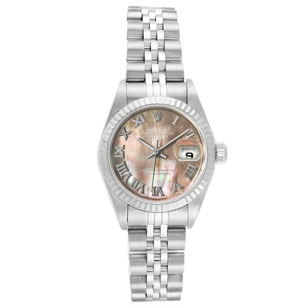 This image shows a Rolex Datejust 79174 Women's Stainless Steel Mother of Pearl Dial 79174 Women's Stainless Steel Mother of Pearl Dial watch from a direct front angle featuring the bracelet and dial.