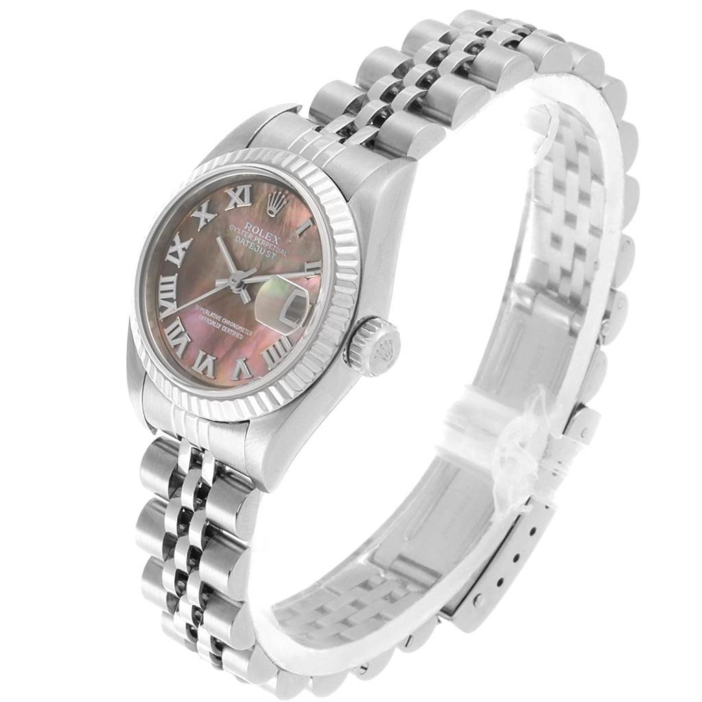 The Rolex Datejust 79174 Women's Stainless Steel Mother of Pearl Dial 79174 Women's Stainless Steel Mother of Pearl Dial watch is shown at a three-quarter angle, highlighting its face, bezel, crown, and jubilee bracelet.