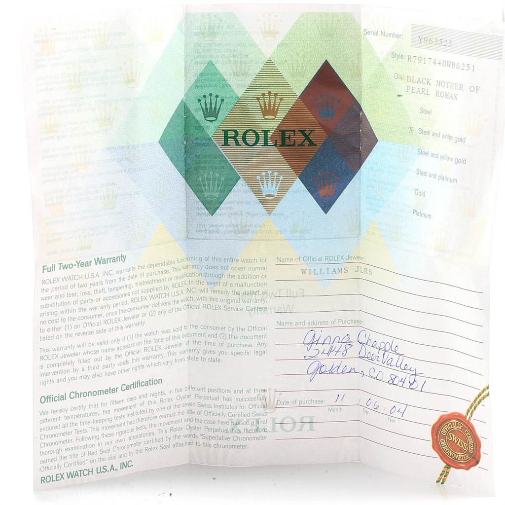 This image shows the warranty and certification card for a Rolex Datejust 79174 Women's Stainless Steel Mother of Pearl Dial 79174 Women's Stainless Steel Mother of Pearl Dial watch, displaying information about the model and purchase details.