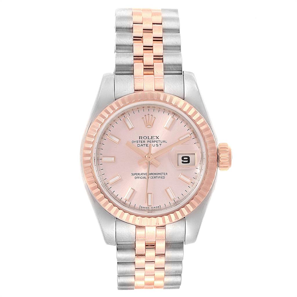 The image shows a frontal view of the Rolex Datejust 179171 Women's Steel and Gold (two tone) Pink Dial 179171 Women's Steel and Gold (two tone) Pink Dial watch, featuring its face, hands, bezel, crown, and bracelet.