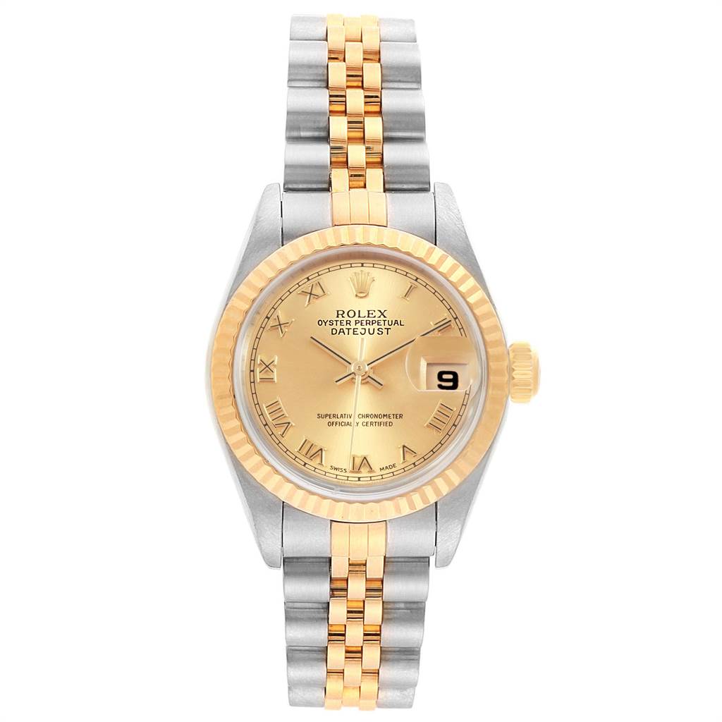 This image shows a front view of a Rolex Datejust 79173 Women's Steel and Gold (two tone) Champagne Dial 79173 Women's Steel and Gold (two tone) Champagne Dial watch, featuring a gold dial, fluted bezel, and two-tone metal bracelet.