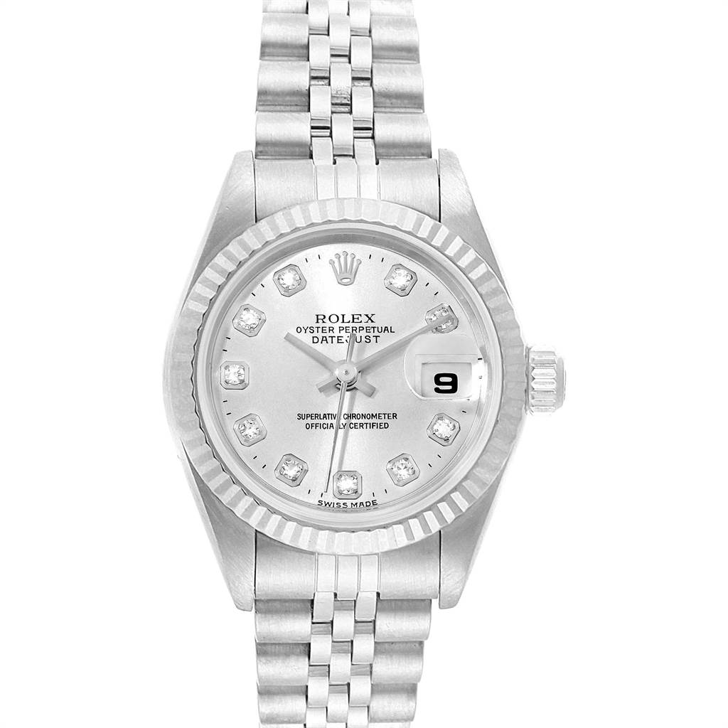 The image shows a front view of a Rolex Datejust 79174 Women's Stainless Steel Silver Dial 79174 Women's Stainless Steel Silver Dial watch, displaying the dial, date window, bezel, crown, and bracelet.