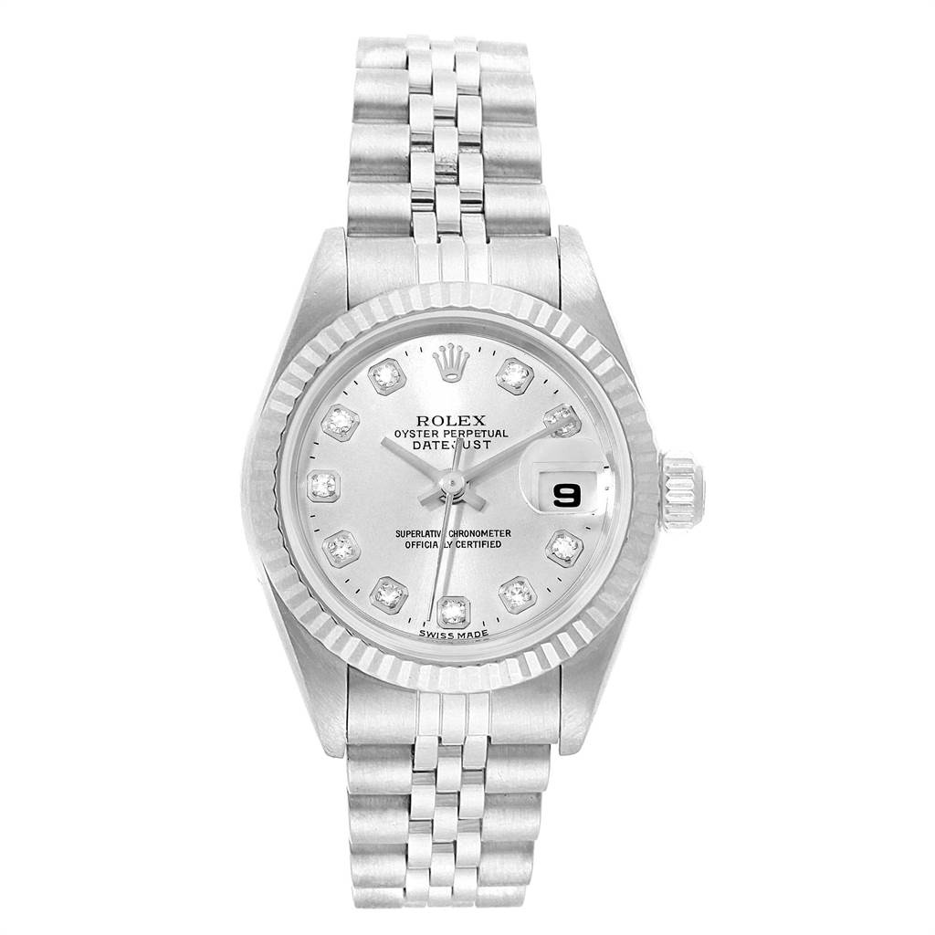 This image shows a front view of a Rolex Datejust 79174 Women's Stainless Steel Silver Dial 79174 Women's Stainless Steel Silver Dial watch, highlighting the dial, bezel, bracelet, crown, and date window.