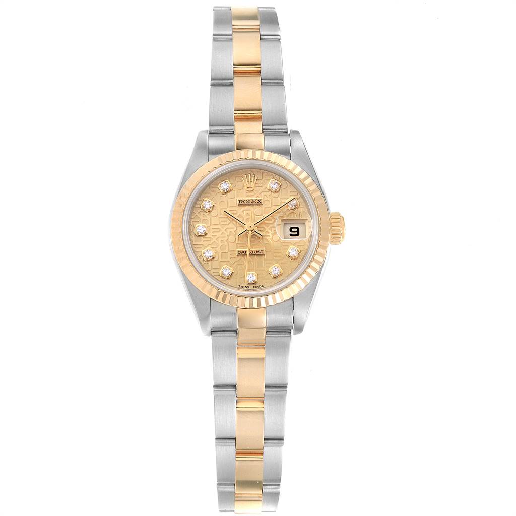 This Rolex Datejust 79173 Women's Stainless Steel Champagne Dial 79173 Women's Stainless Steel Champagne Dial watch is shown from a top-down angle, displaying its two-tone bracelet, gold dial, and date window.