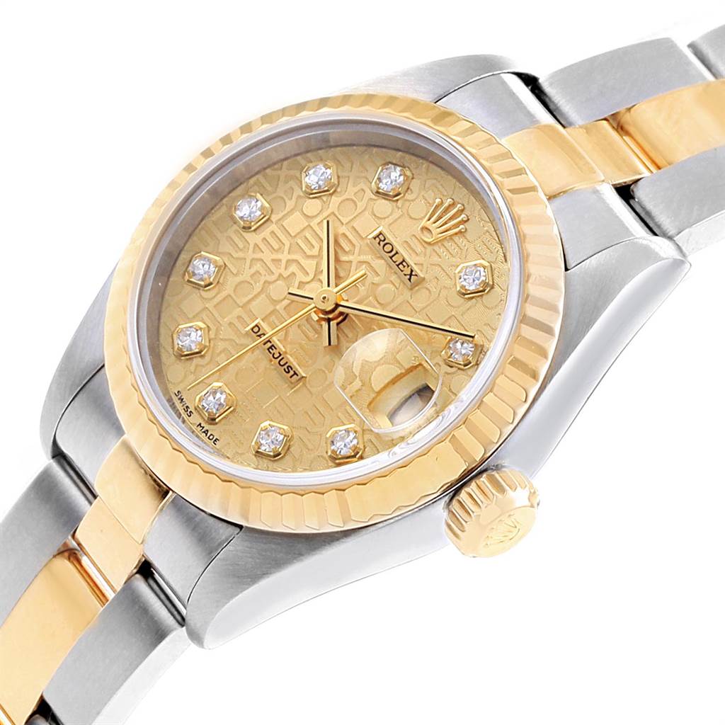 The image displays a Rolex Datejust 79173 Women's Stainless Steel Champagne Dial 79173 Women's Stainless Steel Champagne Dial watch at an oblique angle, showing the dial, fluted bezel, crown, and bracelet.