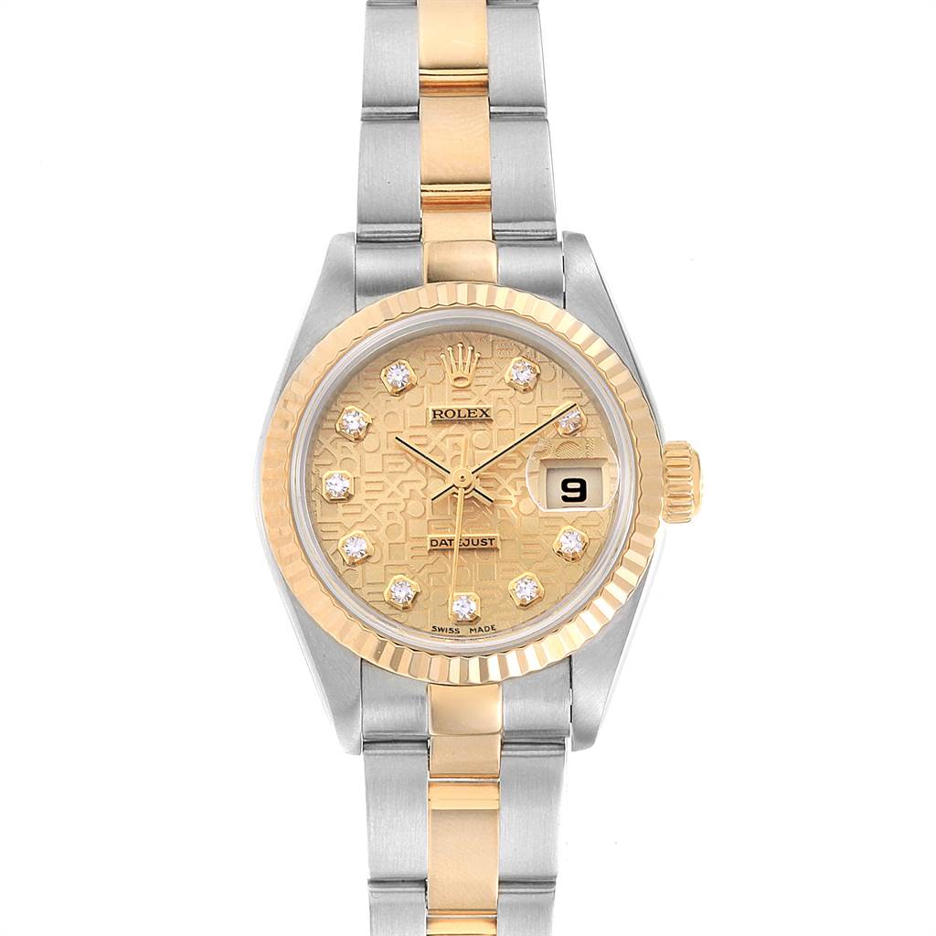 The photo shows a Rolex Datejust 79173 Women's Stainless Steel Champagne Dial 79173 Women's Stainless Steel Champagne Dial watch from a front angle, highlighting the dial, bezel, bracelet, and date window.