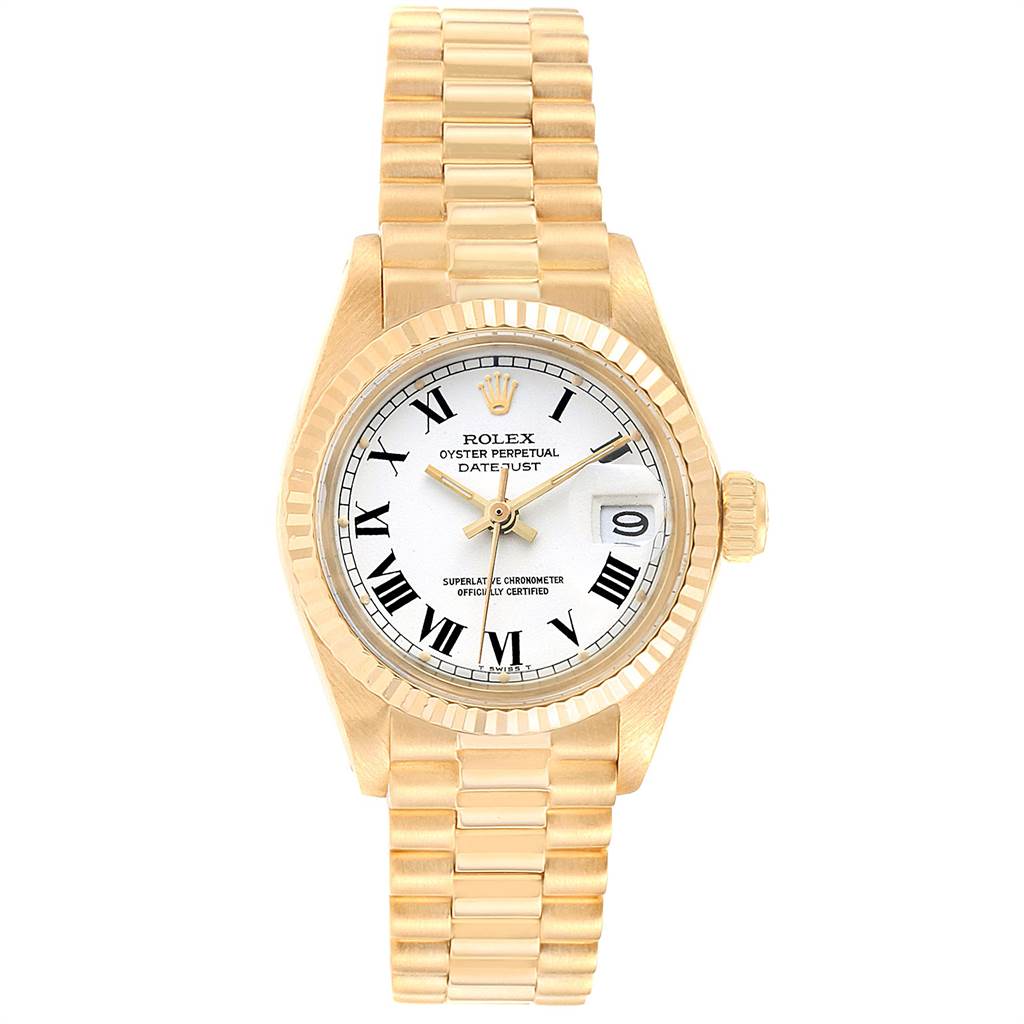 The image shows a full frontal view of the Rolex Datejust 6917 Women's Yellow Gold White Dial 6917 Women's Yellow Gold White Dial watch, displaying its dial, fluted bezel, and bracelet.