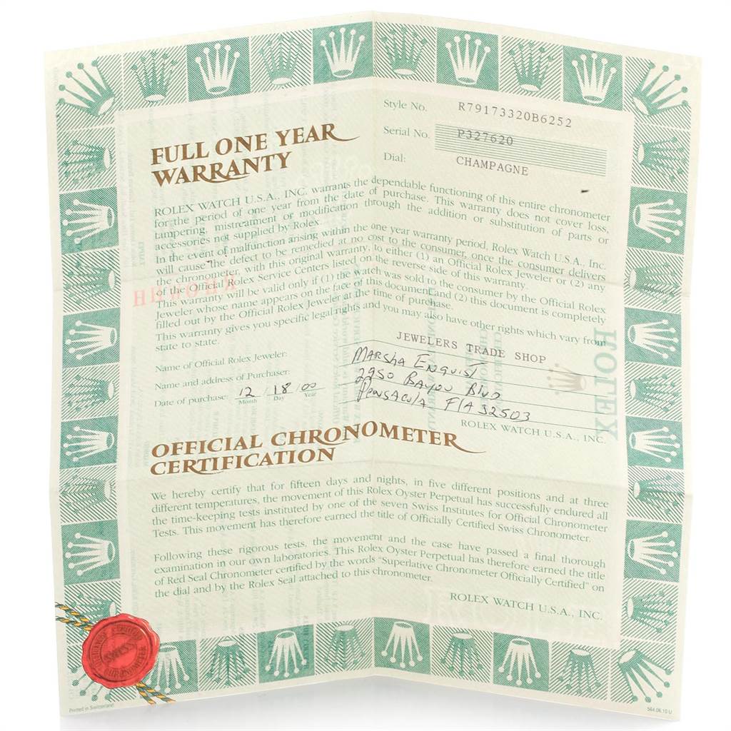 This image shows the warranty certificate for a Rolex Datejust 79173 Women's Steel and Gold (two tone) White Dial 79173 Women's Steel and Gold (two tone) White Dial watch, focusing on its text and details.