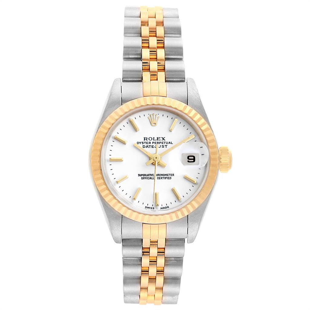 The image shows a Rolex Datejust 79173 Women's Steel and Gold (two tone) White Dial 79173 Women's Steel and Gold (two tone) White Dial watch from a top-down angle, displaying the dial, bezel, and bracelet.
