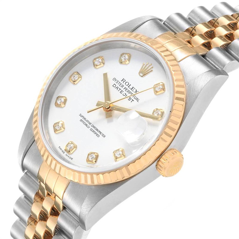 Rolex Datejust Steel 18K Yellow Gold White Diamond Dial Mens Watch 16233 SwissWatchExpo