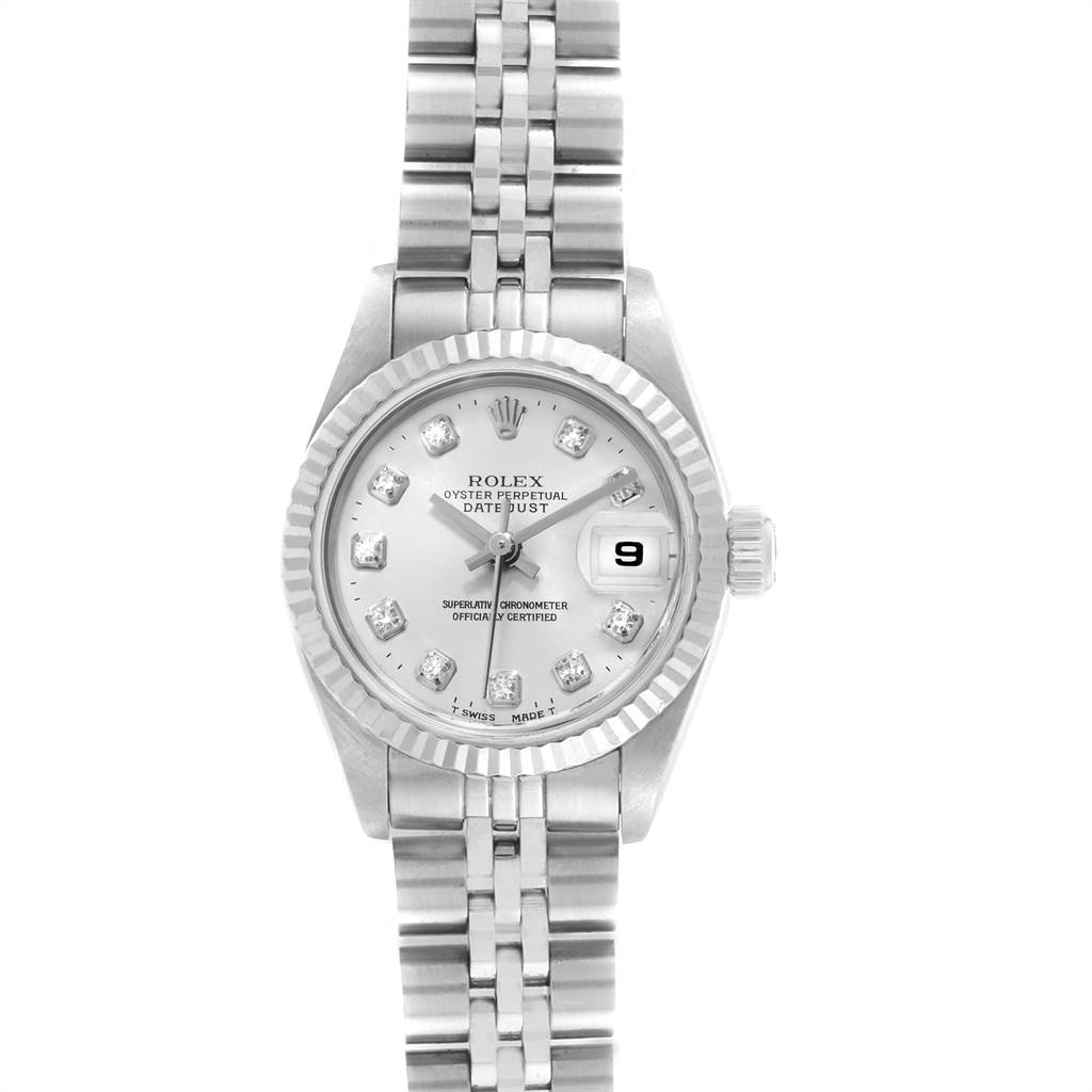 The image shows a frontal view of a Rolex Datejust 69174 Women's Stainless Steel Silver Dial 69174 Women's Stainless Steel Silver Dial watch, displaying its face, bezel, dial, and bracelet.