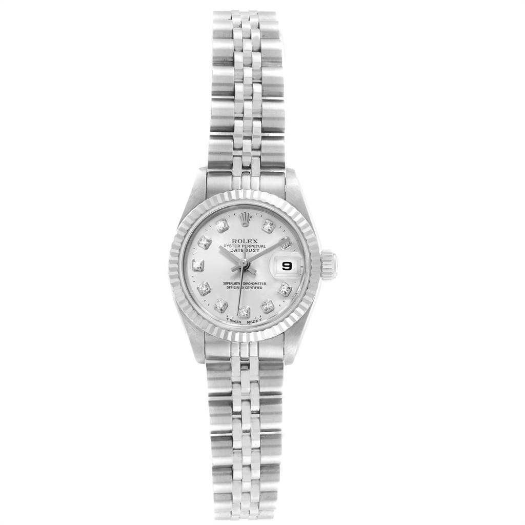 This image shows a frontal view of a Rolex Datejust 69174 Women's Stainless Steel Silver Dial 69174 Women's Stainless Steel Silver Dial watch, displaying the bracelet, dial, and date window.