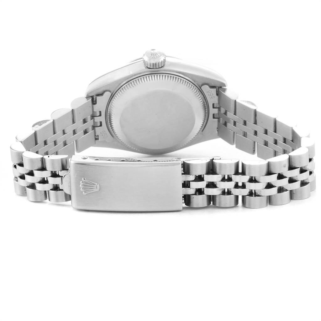 This image shows the back case, crown, and clasp of a Rolex Datejust 69174 Women's Stainless Steel Silver Dial 69174 Women's Stainless Steel Silver Dial watch at a rear view angle.