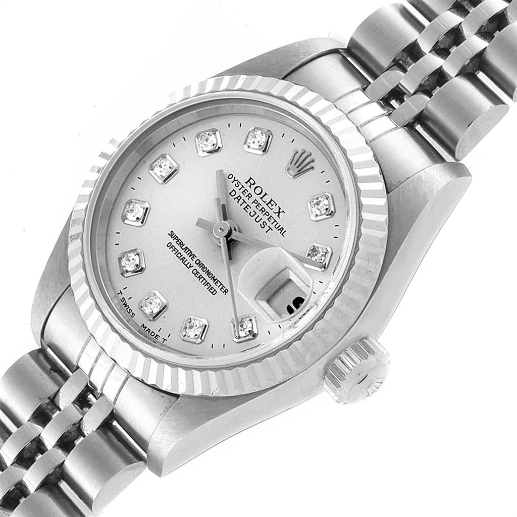 The image shows a Rolex Datejust 69174 Women's Stainless Steel Silver Dial 69174 Women's Stainless Steel Silver Dial watch, featuring its dial, bezel, crown, and part of the Jubilee bracelet at an angled view.